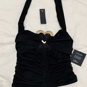Lulu's Elegant Black Halter Top w/Metal Heart Embellishment